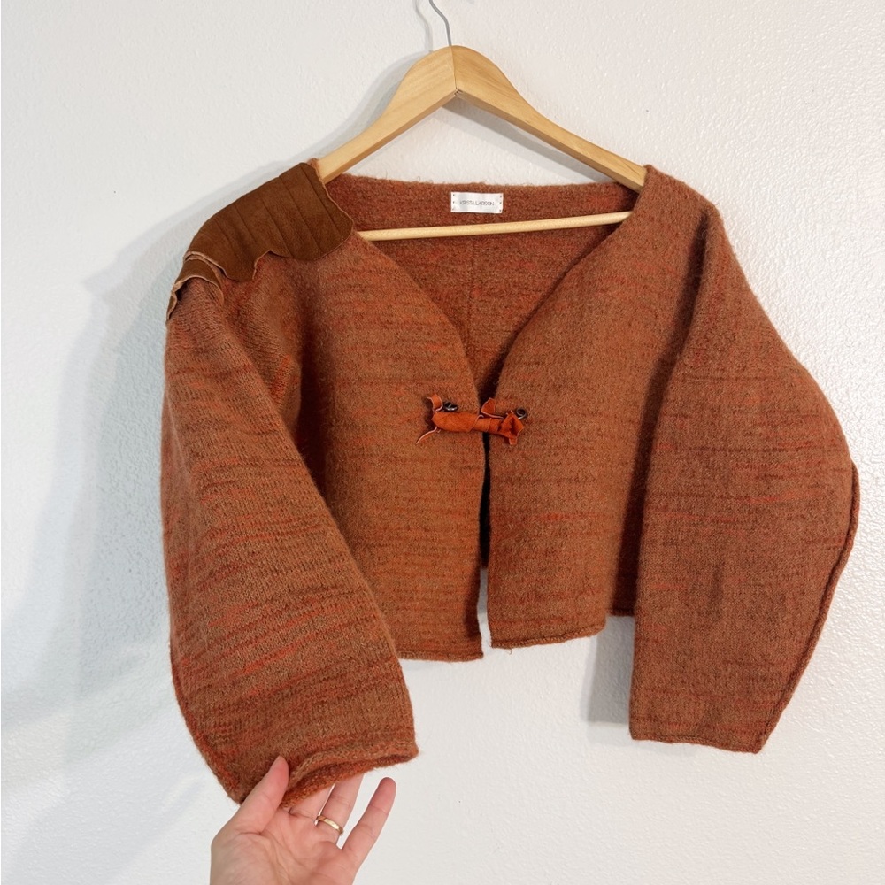 Krista Larson Design Burnt Orange cropped cardigan with leaf-inspired embroidery